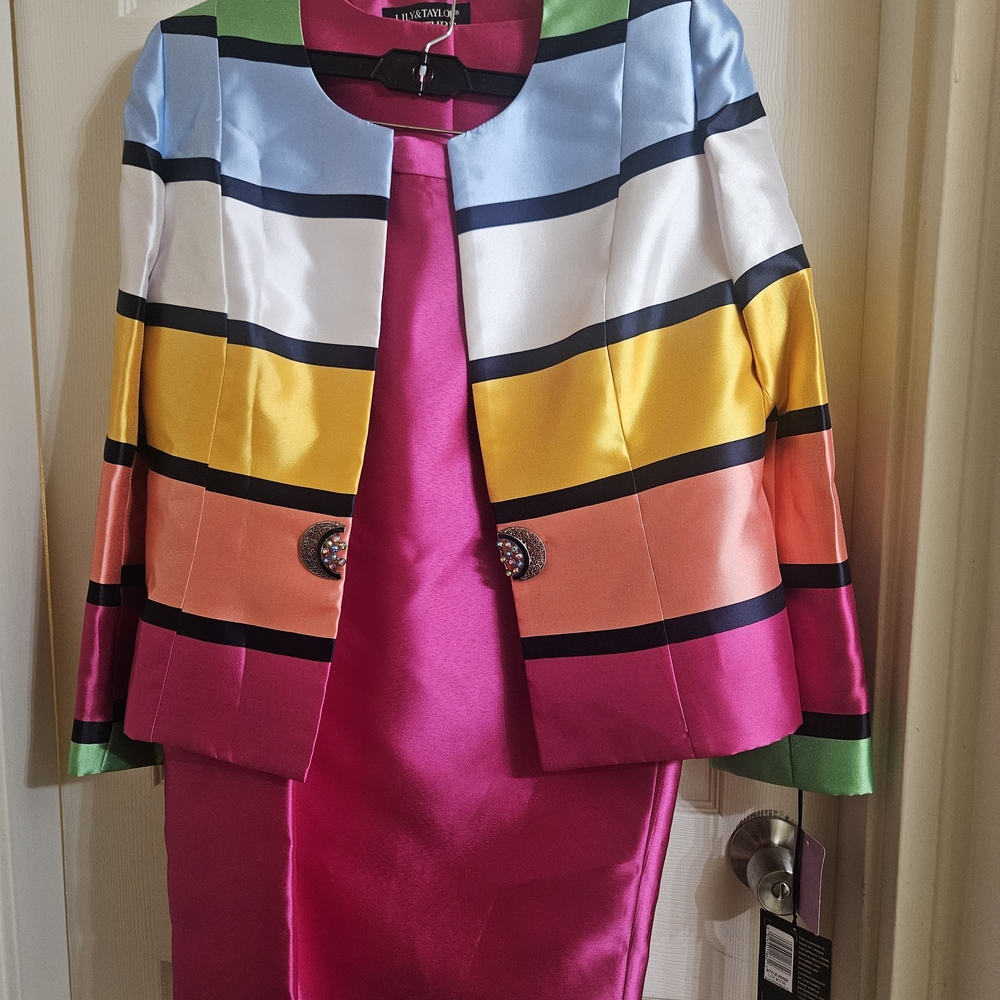 Le Suit Multicolor Striped Satin Jacket - Pink Dress Included